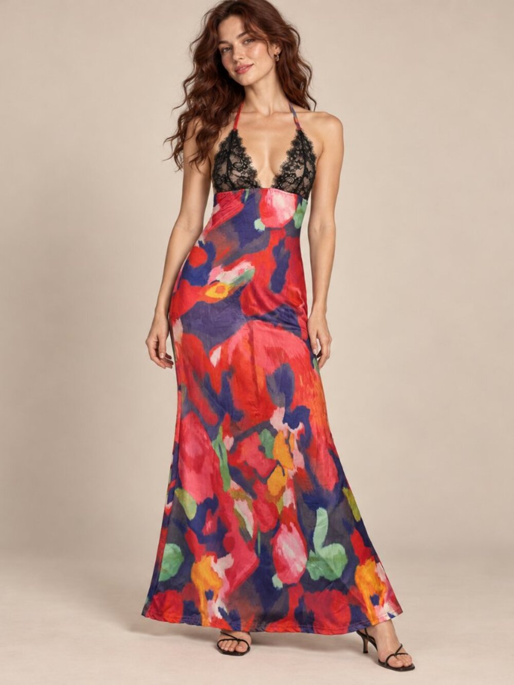 Fairycore Y2K Floral Satin Maxi Slip Dress Black Lace Halter Small